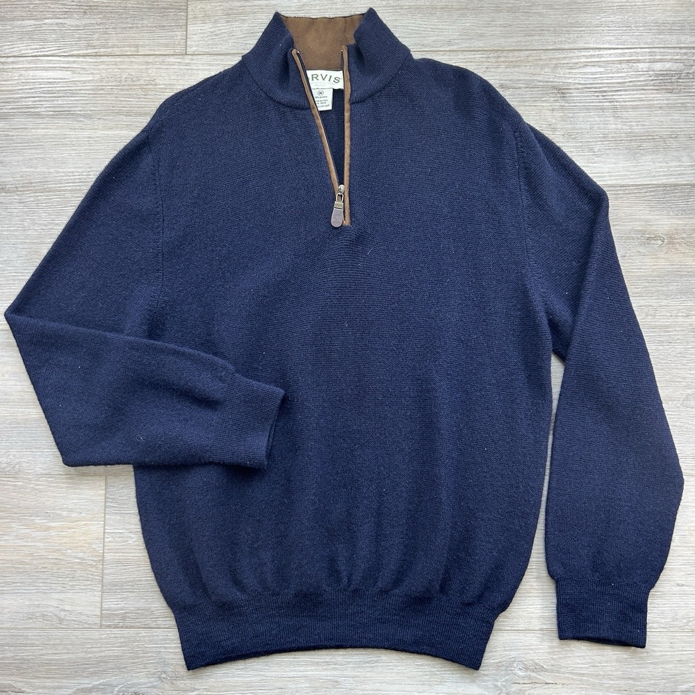 Orvis Mens Medium Navy Blue Alpaca 1/4 Zip Mock Neck Pullover Knit Tweed Blue
